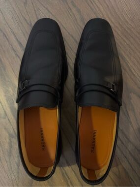 Magnanni Black Leather Slip-On Loafers with Buckle Accent